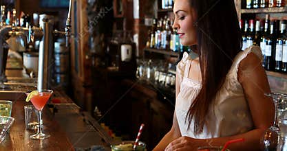 Portrait of barmaid cleaning bar counter