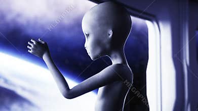 Alien in futuristic room. hand reaching out with Earth planet. UFO futuristic concept. Cinematic 4k animation.