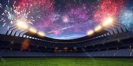 Stadium night without people fireworks 3d render
