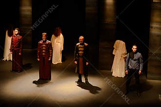 Actors on Stage, Theater Interior, Drama Play - McBeth, Shakespeare
