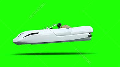 Futuristic flying car with woman. Transport of future. 4k green screen footage.