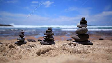 Stones balance on vintage beach, inspirational summer. Picturesque sea landscape. Tenerife. Ocean. Sea waves. Beach.