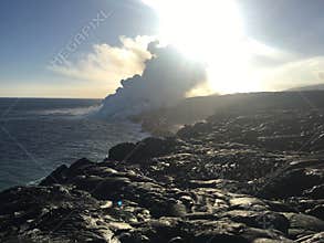 Kalapana Lava flow from volcano into ocean at KÄ«lauea Big Island Hawaii