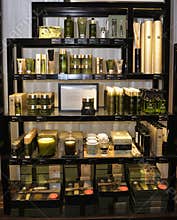 Store Shelves with Green Cosmetic Products, Beauty Treatments for Her, Aromatic Candles