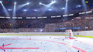 Hockey court with people fan. Sport arena. Ready to start championship. 3d render. Moving lights Confetti