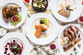 Fish and meat meals variety flat lay