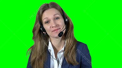 Smiling female customer support operator consultant with headset