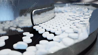 Process of production of pills, tablets. Industrial pharmaceutical concept. Factory equipment and machine. Steel