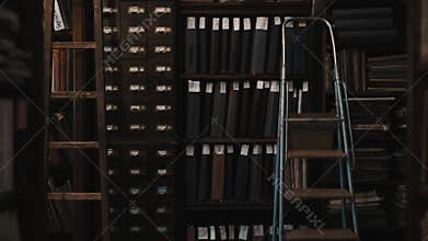 Dolly shot interior of old library bookshelves with document folders
