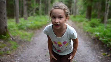 Little girl child running in forest and inviting to run together