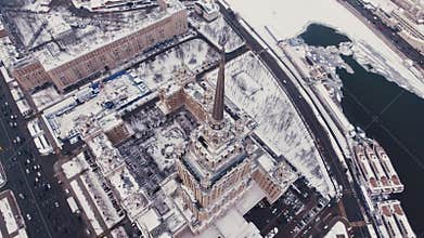 Aerial filming Hotels Ukraine air, Moscow Russia. flight over the Seven Sisters, the courtyard and the facade.