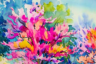 Abstract watercolor landscape painting colorful of Wild himalayan cherry.