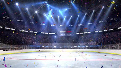 Hockey court with people fan. Sport arena. Ready to start championship. 3d render. Moving lights