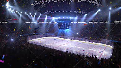 Hockey court with people fan. Sport arena. Ready to start championship. 3d render. Moving lights