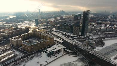 Downtown Moscow. Winter sunset. 4k aerials.