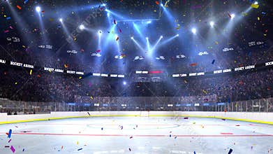 Hockey court with people fan. Sport arena. Ready to start championship. 3d render. Moving lights whith confetti