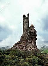 Fantasy Stone Tower On Rocky Cliff With Ocean Waves