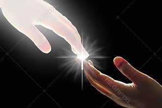 White God`s Hand is Touching The Hand with Cross