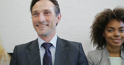 Happy smiling mix race team of business people standing in line, group of coworkers successful