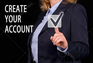 Create your Account - Businesswoman with touchscreen button