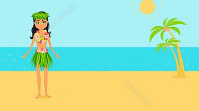 Girl character in national costume dancing the hula on a tropical beach. Animated cartoon woman flat illustration