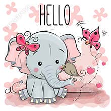 Cute cartoon Elephant with bird