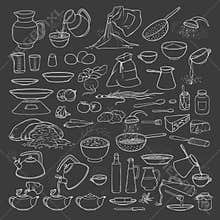 Vector sketch collection set chalk on blackboard food products, beverages and kitchen utensils. Brew tea and coffee
