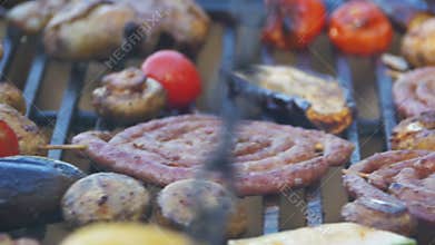 Preparing Meat and Vegetables on the Grill. Slow Motion