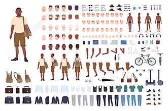 Young guy character constructor. Adult male creation set. Different postures, hairstyle, face, legs, hands, clothes