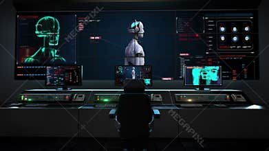 Human medical care center, main control room, Scanning rotating white skin 3D robot body in digital interface.