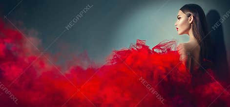 Gorgeous brunette model woman in red dress