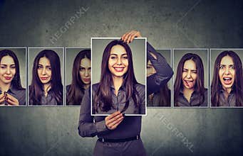 Masked woman expressing different emotions
