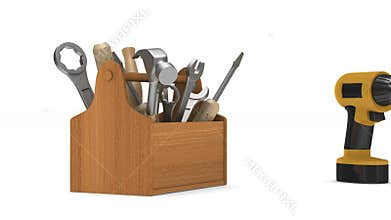 Wooden toolbox with tools. 3D render