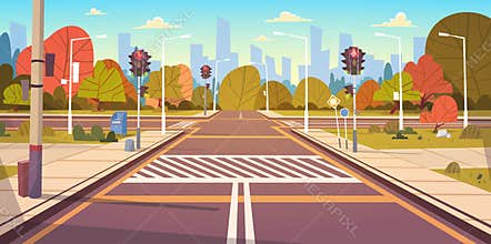 Road Empty City Street With Crosswalk And Traffic Lights