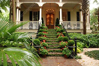 Beautiful front stairs and yard of historic home