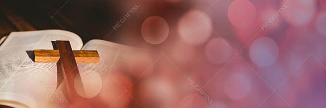 Cross on bible and red bokeh transition