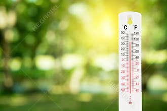 thermometer on a green nature background and temperature measuring.