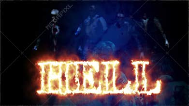 Horror Zombie with Effects and word hell in fire, mixed media of two CG animation