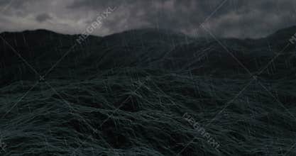 Stormy ocean, waves on rough sea or stormy ocean water, with thunders and lightnings and cloudy