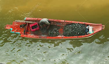 A fisherman collecting shells in a boat