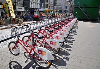 A row of Velo bicycles for hire in the city of Antwerp