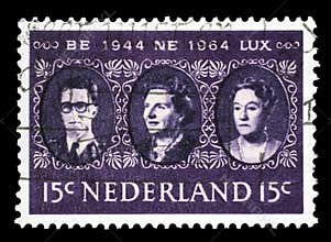 Stamp printed in the Netherlands shows King Baudouin, Queen Juliana and Grand Duchess Charlotte, Benelux