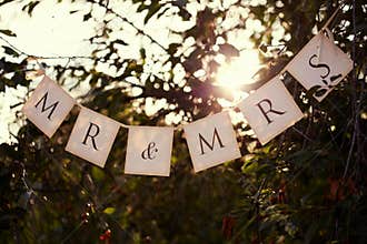 Mr. & Mrs. wedding sign on the flags