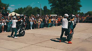 Stunt Moto Show. Extreme Motorsports. Bikers Parade And Show