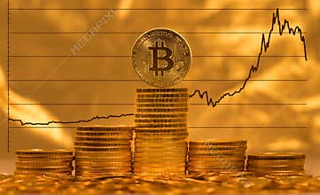 Bitcoin against background of price graph