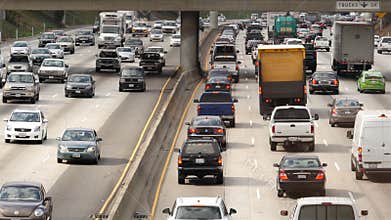 Overhead View of Traffic on Busy Freeway in Downtown Los Angeles California