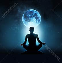Abstract woman are meditating at blue full moon with star in dark night sky