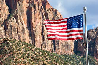 American Flag flying in Zion Park