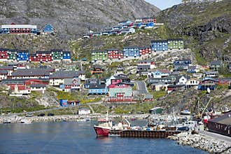 Qaqortoq, Greenland, colorful houses on hills of Greenlandic City Qaqortog.