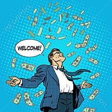 Business concept success businessman flying money